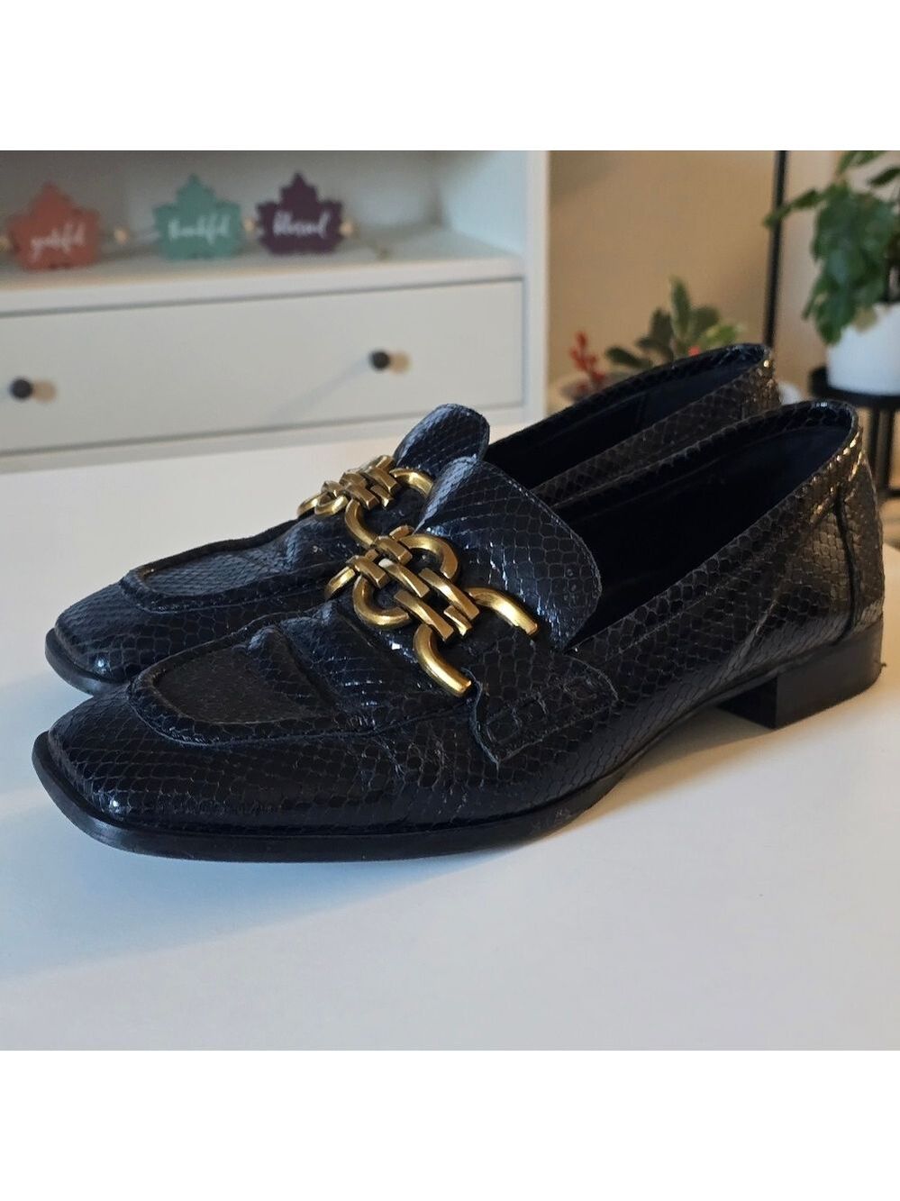 Zara Black Leather Snake Skin Print Loafers with Gold Accent Size 41 Euro
